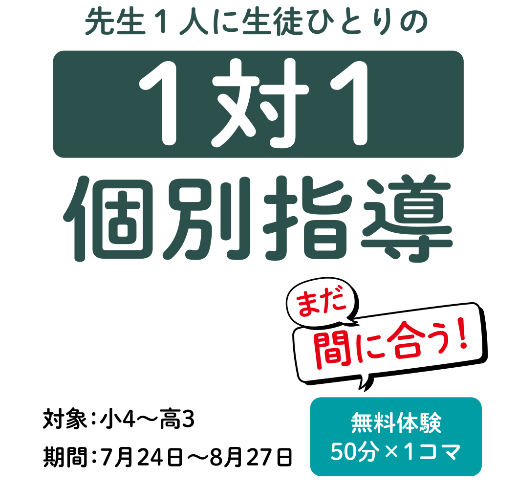 1対1個別指導 対象：小4〜高3
