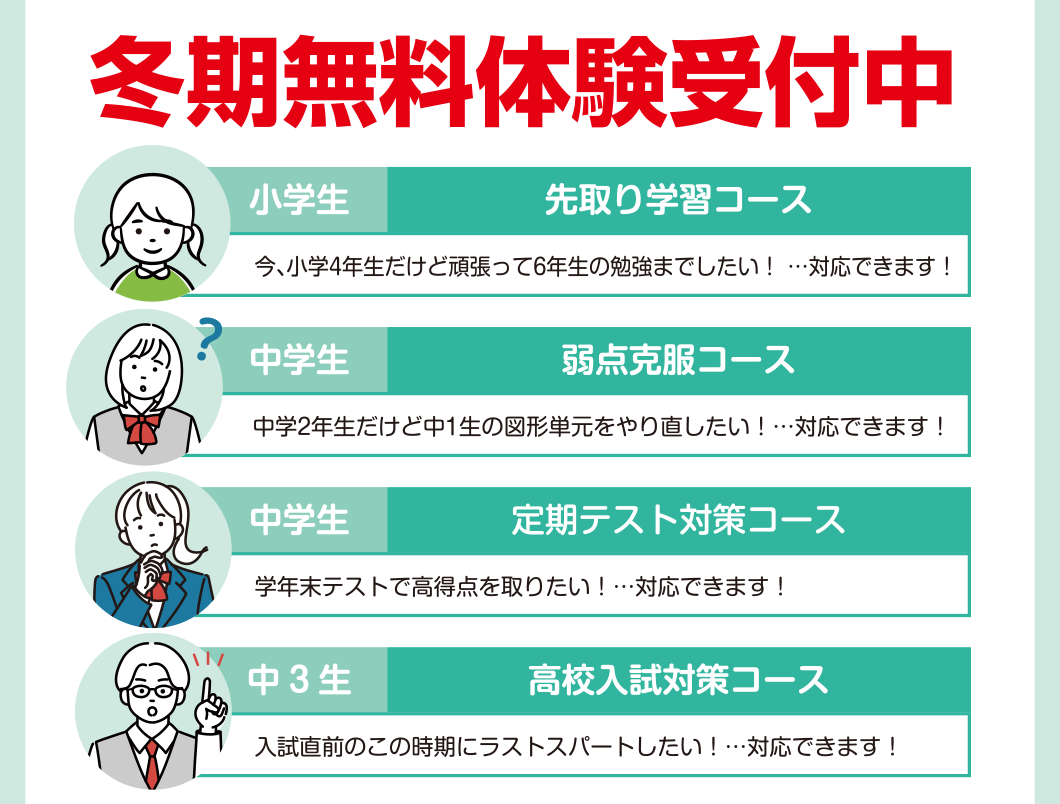 小学生…先取り学習コース、中学生…弱点克服コース、中学生…定期テスト対策コース、中3生…高校入試対策コース