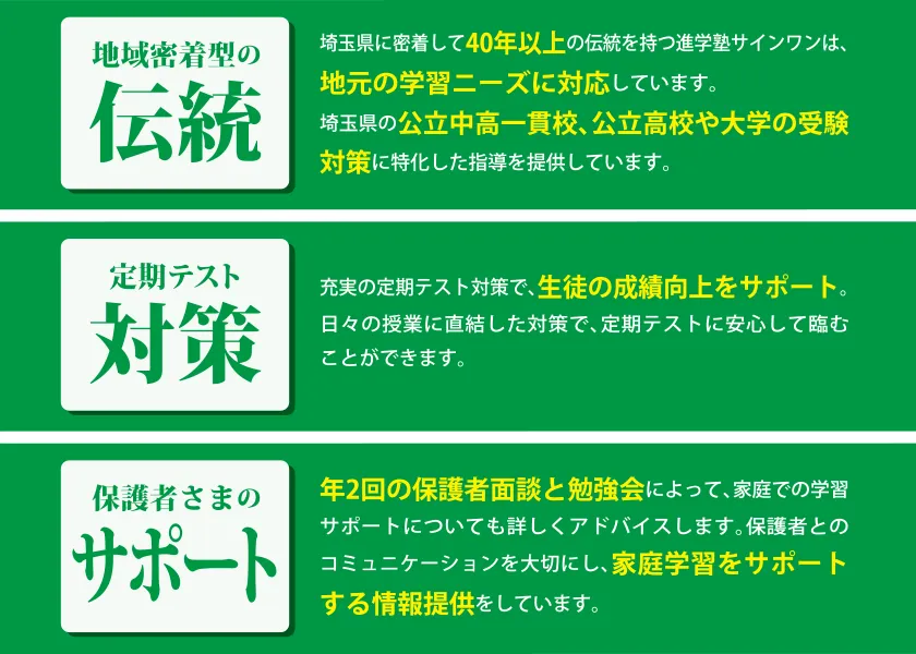 地域密着型の伝統、定期テスト対策、保護者さまのサポート